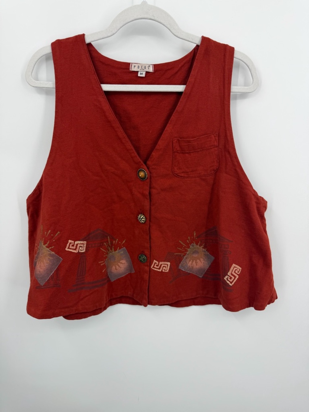 Vintage 90s Focus USA Made red orange Cotton Painted Button Front Vest Size M
